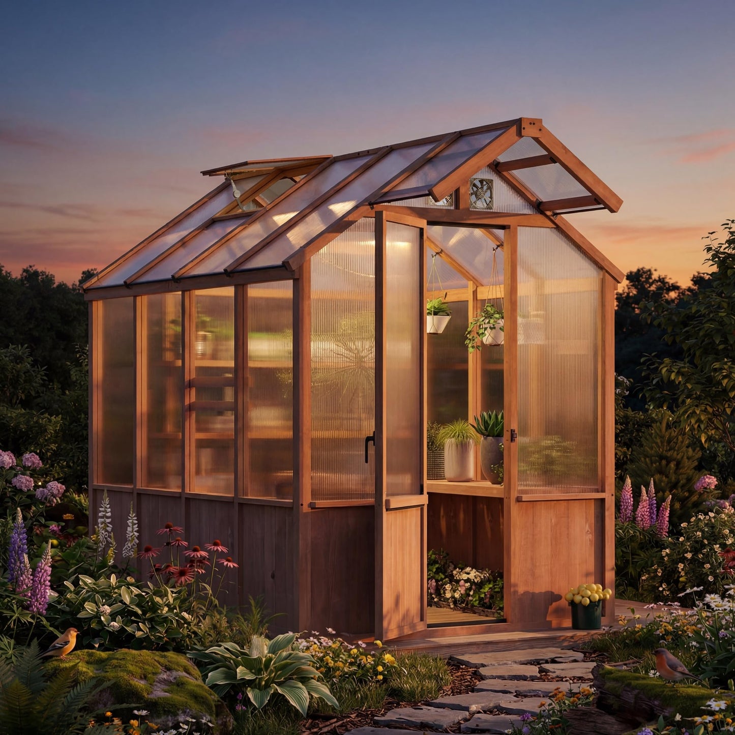Modern Shade EverBloom 6.5'x8' Wooden Greenhouse, 8' Extra-Tall Cedar Wood Greenhouse with Built-in Outdoor Faucet Kit, Heavy Duty Greenhouse with Built-in Shelving, Power Strip & Ventilation System
