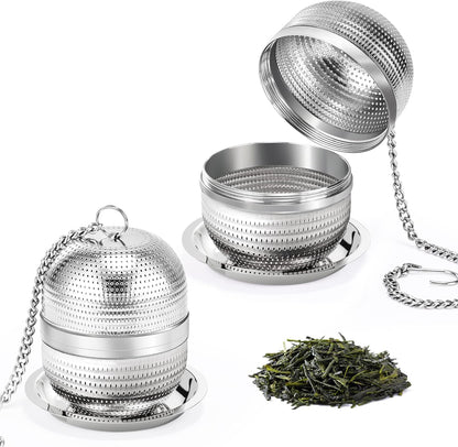 2 Pack Tea Infusers for Loose Tea, Extra Fine Mesh Stainless Steel Tea Strainers with Extended Chain Hook and Drip Tray
