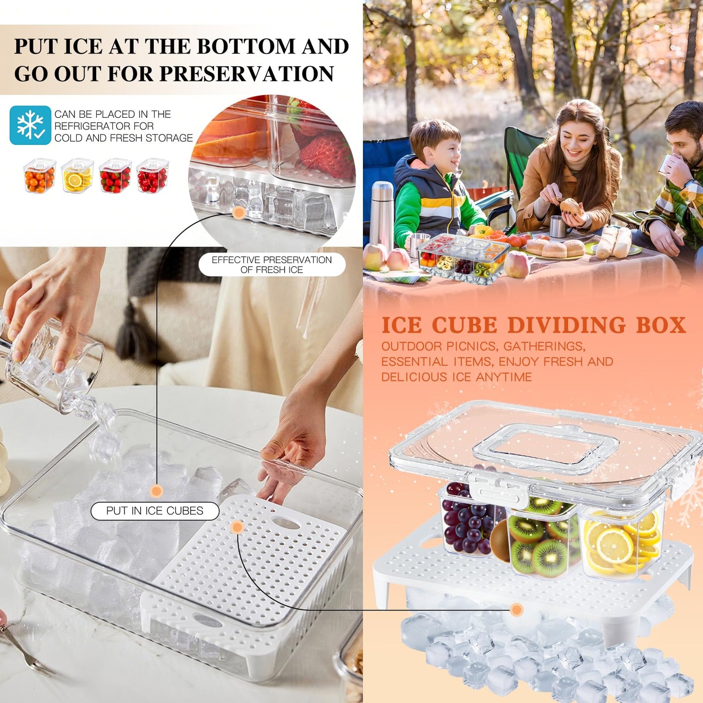 FZBJS Chilled Snackle Box Container with Ice Tray - 8 Compartment Serving Tray with Lid & Handle, Leak-Proof & Odor-Free Snack Box, Portable Cold Food Platter for Picnic, Party, Travel, Road Trip