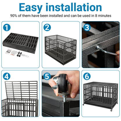 SHUSHIM 48 Inch Heavy Duty Dog Crate Kennel with Wheels, High Anxiety Indestructible Dog Crates for Large Dogs, XL XXL Extra Large Dog Crate with Removable Plastic Tray, Two Locks (Black, Square)
