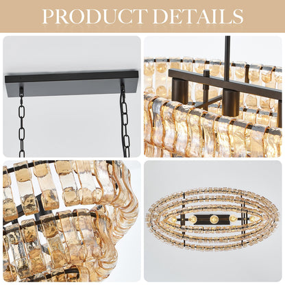 VANZARLA Large Modern Chandelier with Unique Amber Glass Shade, 3-Tier Dining Room Light Fixture, Farmhouse Chandelier for Kitchen Island Living Room Foyer