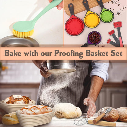 Bread Proofing Basket Set, 9 Inch Round Banneton with Scraper & Lame for Sourdough Bread Baking