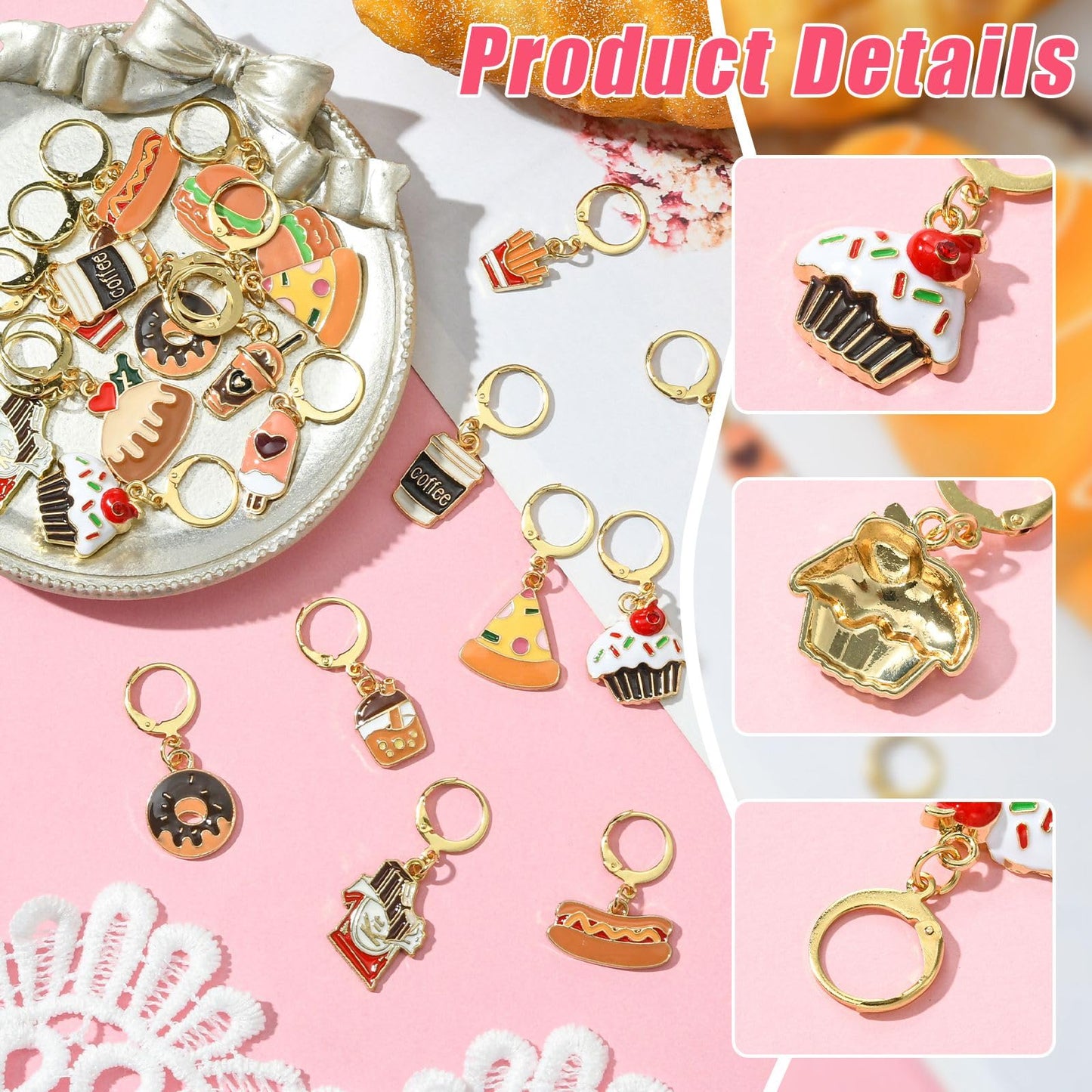 Stiesy 24 Pcs 12 Style Crochet Stitch Markers Enamel Imitation Food Charms Cute Yarn Stitch Markers Cup Cake Bread Coffee Shape Locking Stitch Markers Charms for Crocheting Quilting Jewelry Making