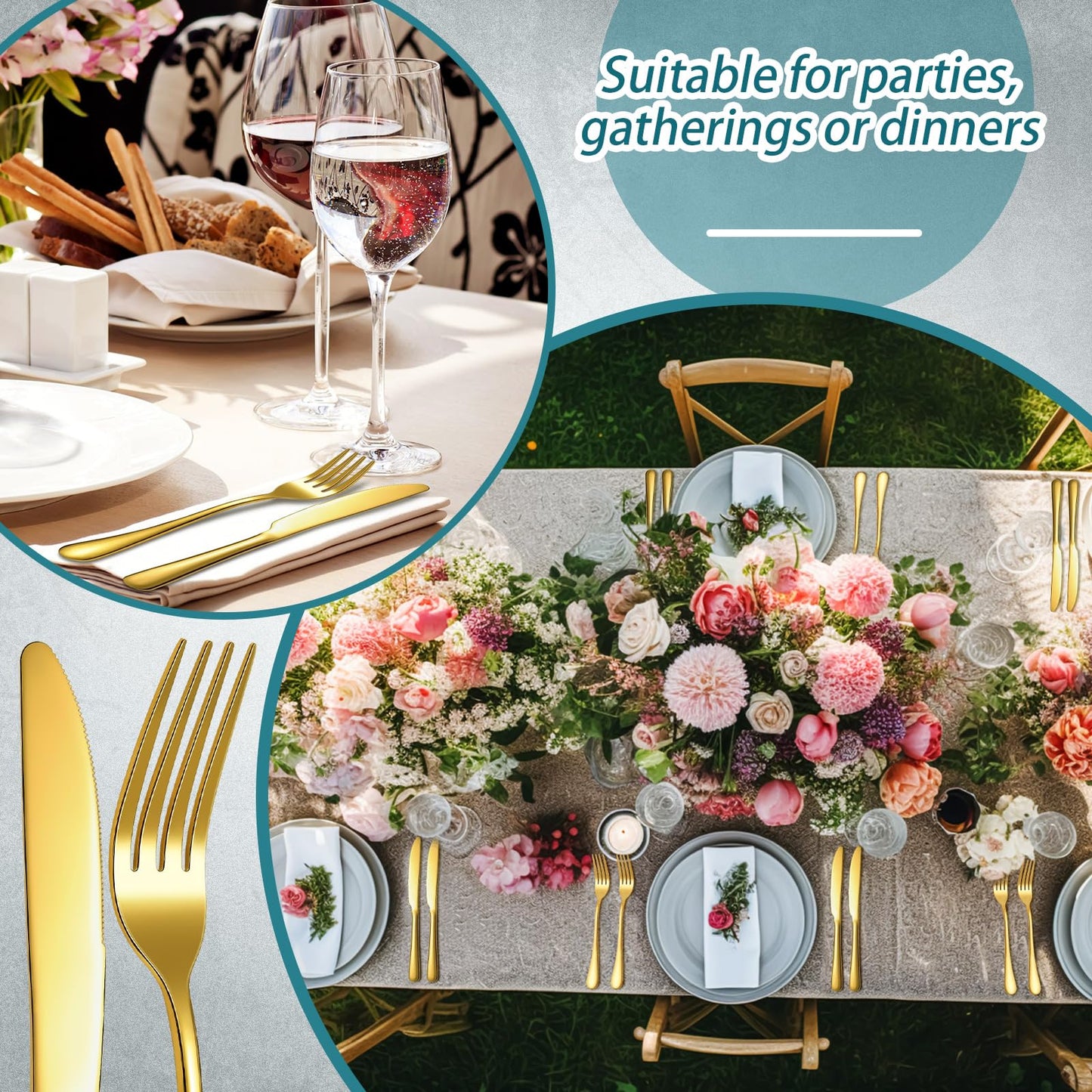 Nuenen 50 Pieces Stainless Steel Forks Silverware Set Dinner Forks and Knives Flatware Tableware Cutlery Set for Kitchen Restaurant(8.07 x 0.94 Inch, 9.06 x 0.79 Inch,Gold)