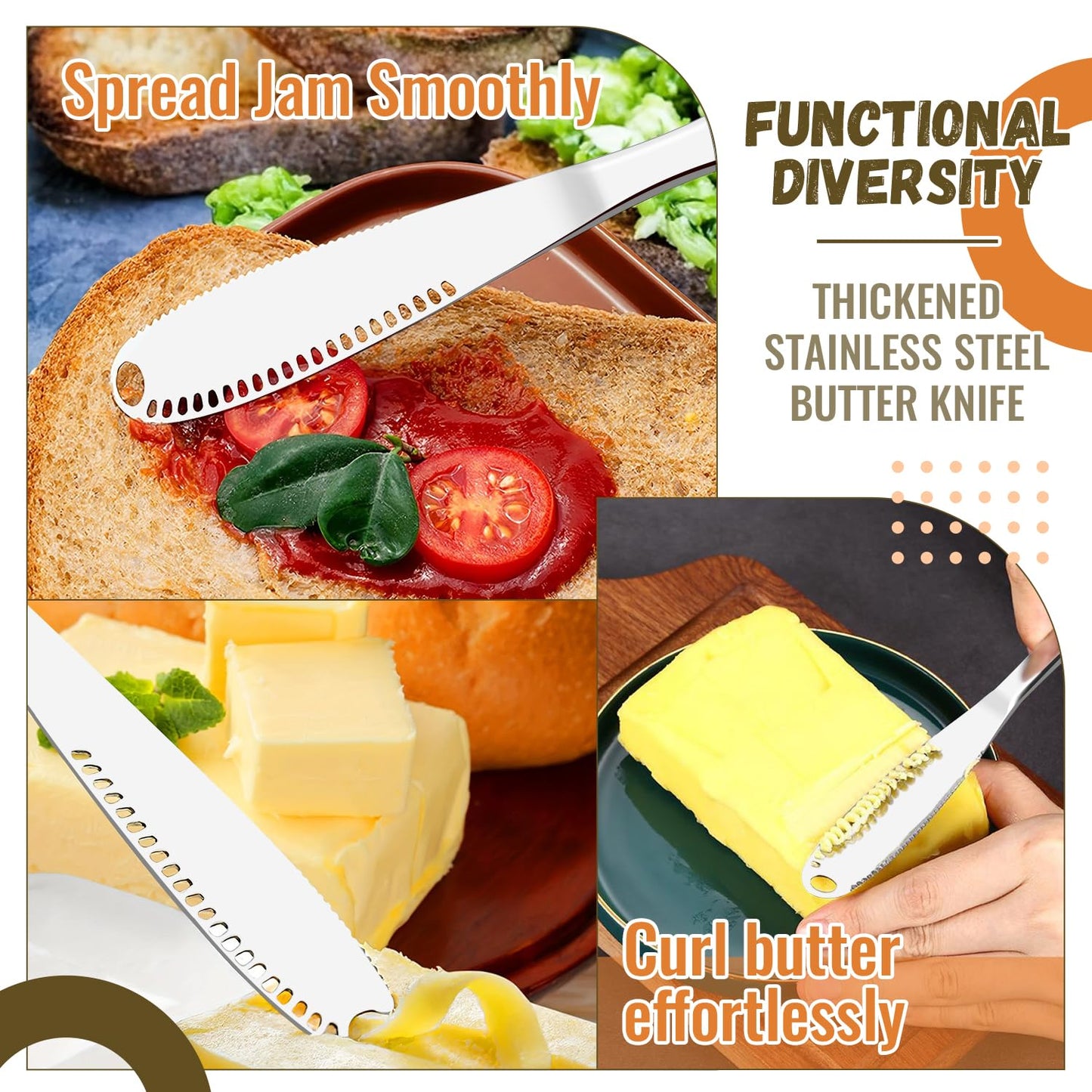 Sirmme Butter Knife 4 PCS, Stainless Steel Spreader with Curler & Grater Holes, Serrated Cutter Edge for Easy Slice & Spread, Ideal for Hard or Soft Butter - 3 in 1 Better Kitchen Gadgets
