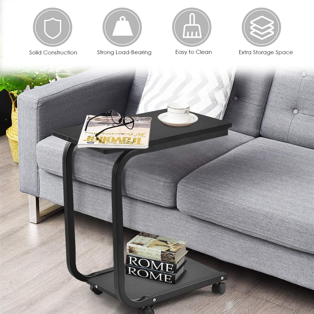 Tangkula Versatile C Table - Black Snack & Coffee Tray for Living Room