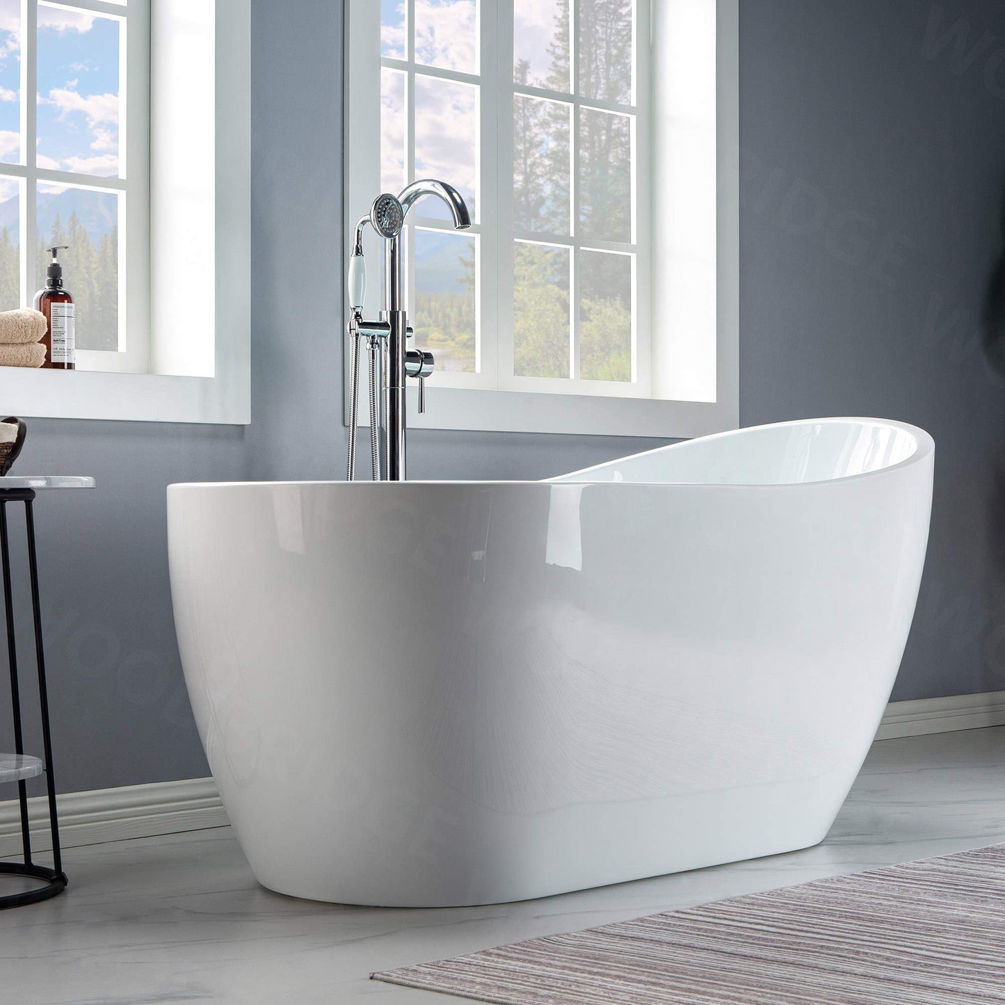 WOODBRIDGE 59" Acrylic Freestanding Bathtub Contemporary Soaking White Tub with Brushed Nickel Overflow and Drain，B-1530 -B/N-Drain &O