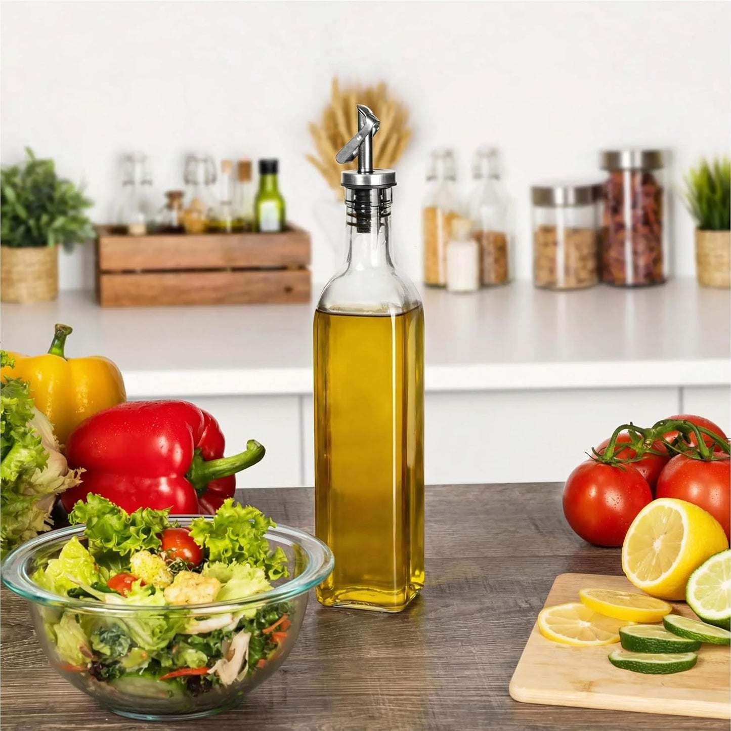 17 oz. GREENOLIVE Olive Oil Dispenser Bottle - Clear Glass Bottle with No-Drip BPA-Free Spout - Ideal for Kitchen