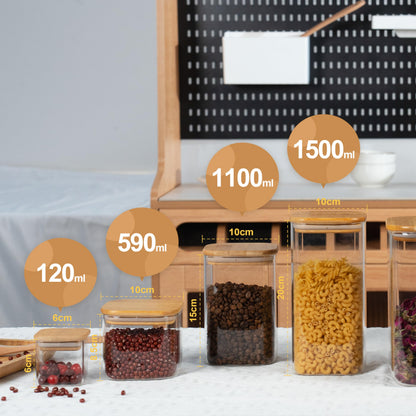 D2scrma 22oz Airtight Square Spice Containers with Bamboo Lid Set of 6 (650ml) Kitchen Pantry Organization Jar Stackable Spice Jar, for Sugar, Tea, Cookies and Coffee beans (‎with Black Lable)