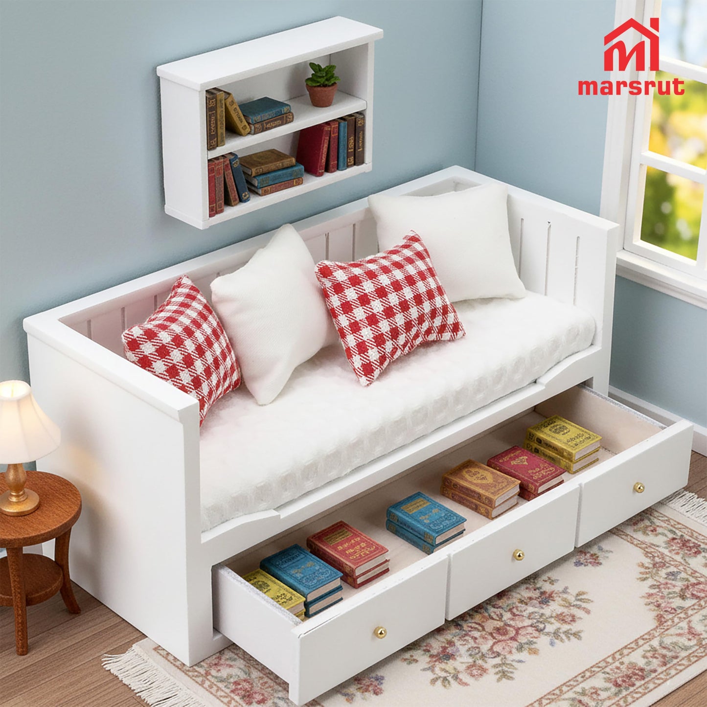 Miniature Dollhouse Daybed, 1/12 Scale Couch, Upholstered Wooden Fabric Sofa with Pillows, Mini Loveseat Sofa Furniture Set for 6 Inch Dolls, Modern Living Room Realistic Model DecorationAccessories