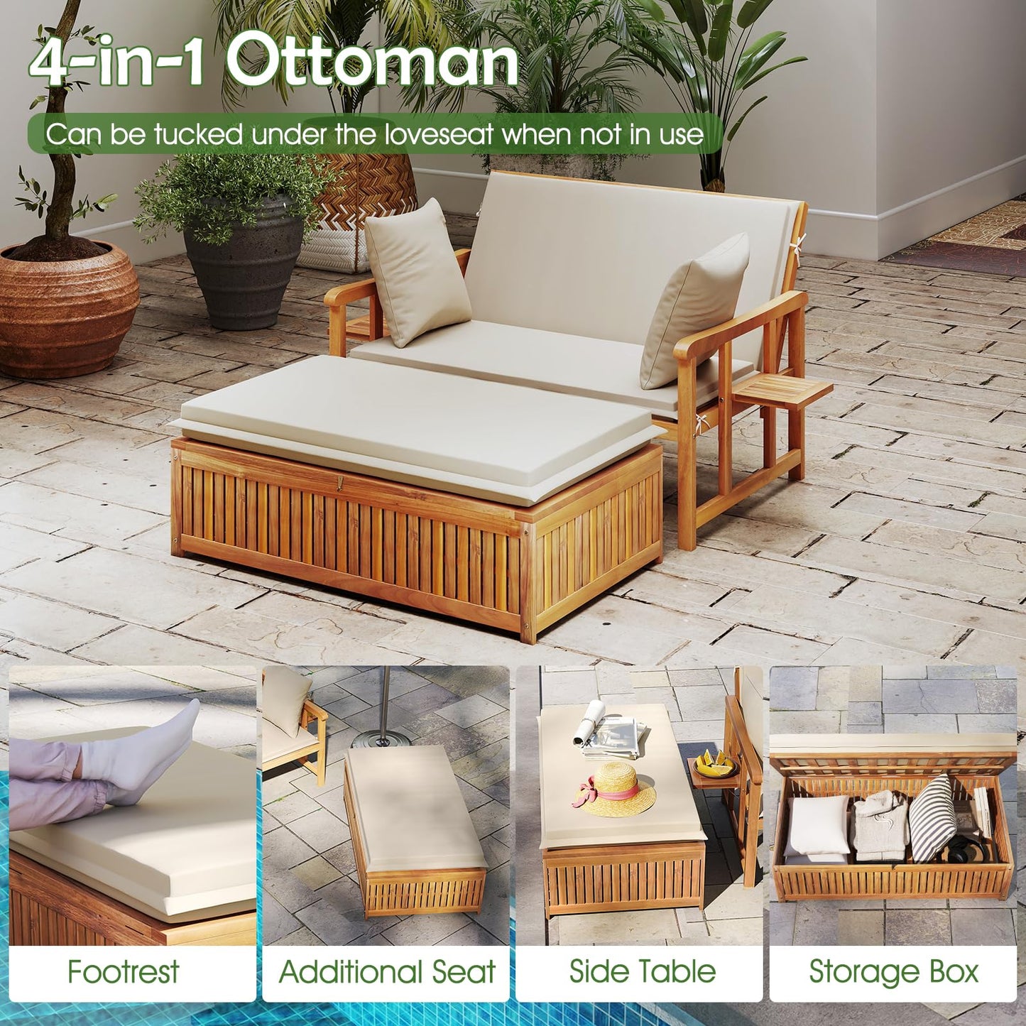 LDAILY Moccha Acacia Wood Outdoor Daybed - Wooden Loveseat Sofa with 4-Level Backrest, Storage Ottoman, Cushions, Outside Sunbed, Double Bed Lounger for Backyard Porch Pool Patio Furniture Set