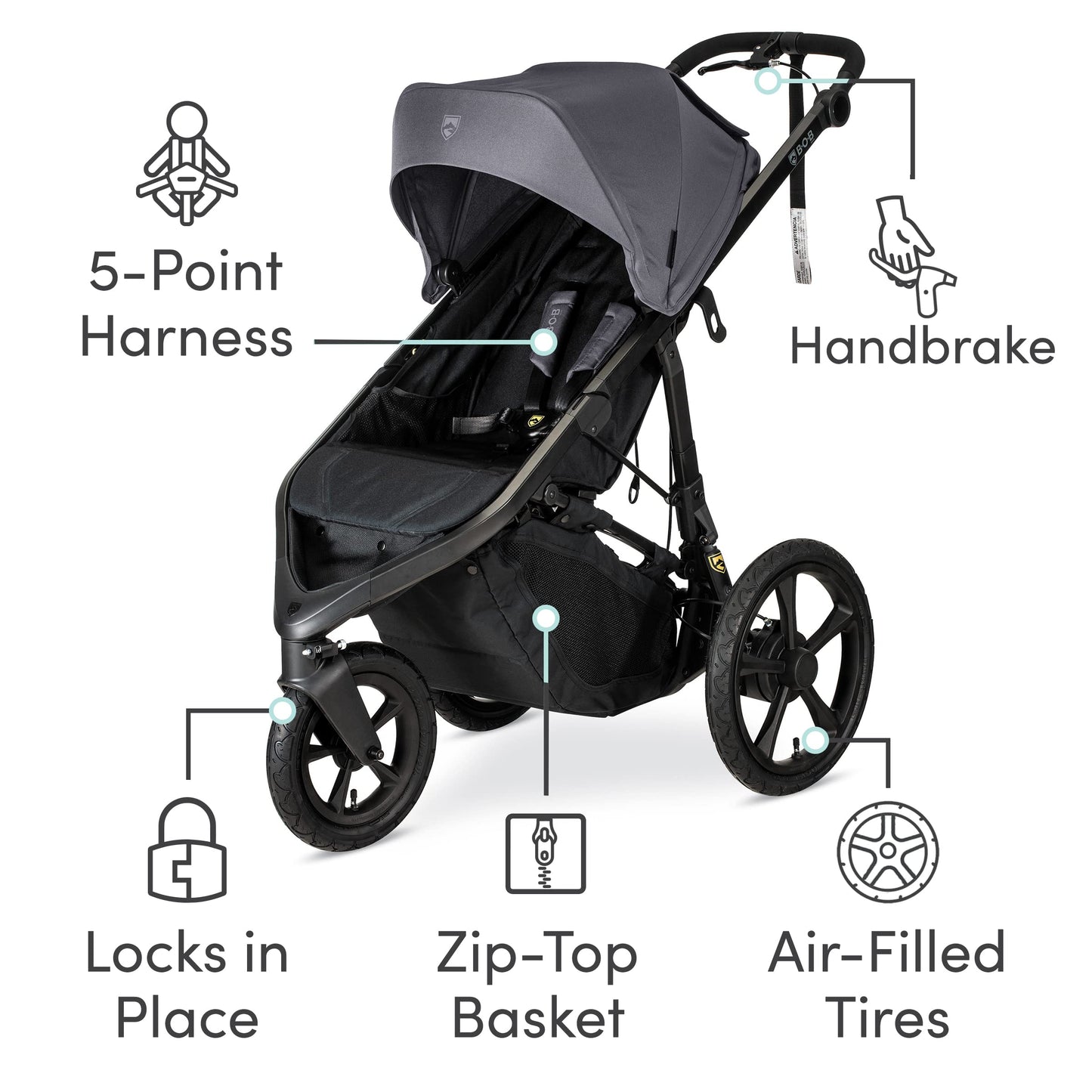BOB Gear Wayfinder Jogging Stroller with Independent Dual Suspension, Air-Filled Tires, and 75-Pound Weight Capacity, Storm