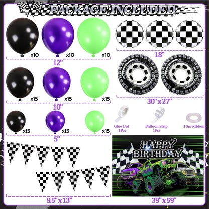 130Pcs Monster Truck Birthday Decorations for Boys Truck Theme Balloon Garland Arch Kit with Backdrop Triangle Banner Black Green Purple Wheel Foil Balloon Kids Monster Truck Party Decor Supplies