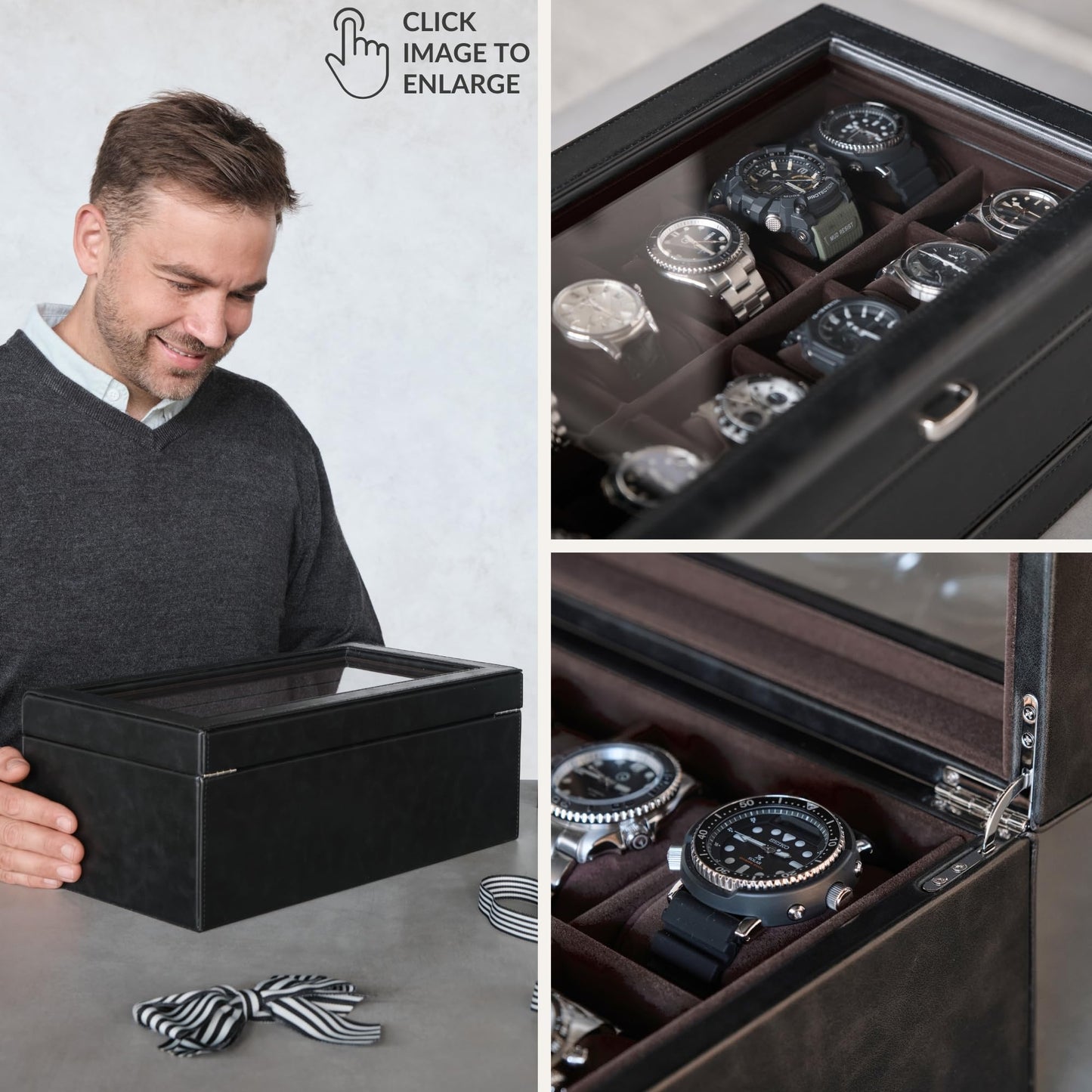 TAWBURY Watch Box for Men - Extra Large 24 Slot Watch Case with Real Glass Display, Removable Drawer and 2-inch Wide Pillows for Large Watches (Black/Charcoal)