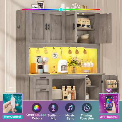 Itaar 71" Pantry Cabinet with Charging Station and LED Light, Kitchen Pantry Cabinet with Microwave Stand, 47.2" Wide Kitchen Storage Cabinets with Storage Cart 3 Tier for Dining Room, Grey