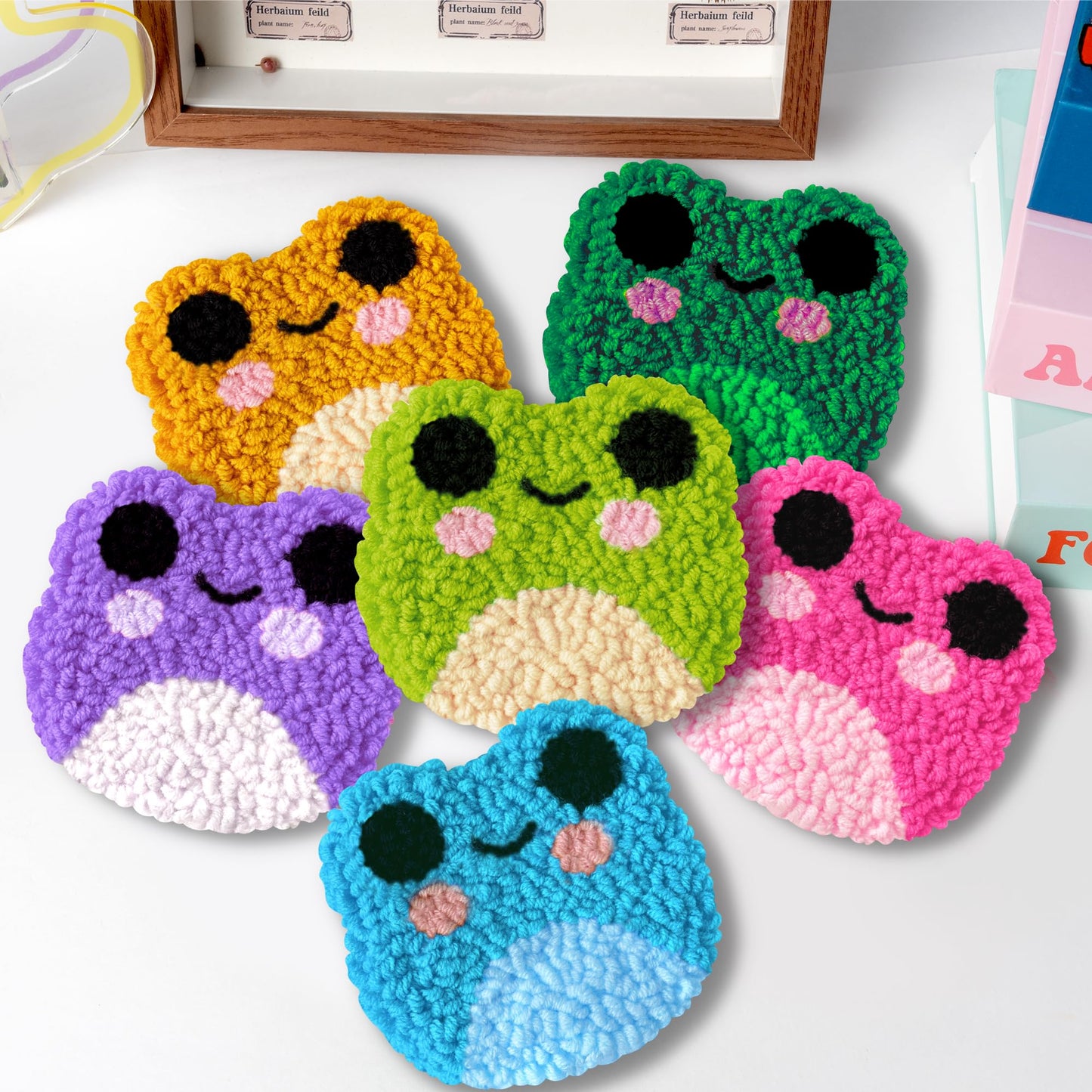 WATINC Frog Punch Needle Coaster Kit - 22Pcs Crafts Punch Needle Coasters Kits for Beginners, Frog Patterns Coaster Tufted Rug Pads with Adhesive Felt Yarns Embroidery Hoop Instruction