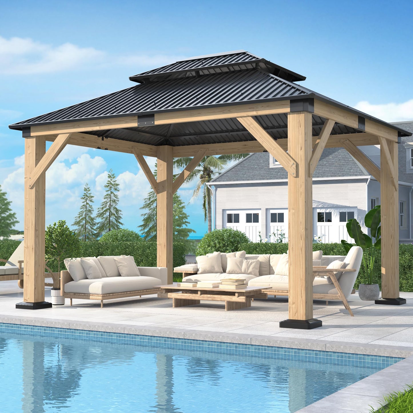 GARTOO 10' x 12' Outdoor Wooden Gazebo - Patio Hardtop Gazebo Permanent Wooden Pavilion with Galvanized Steel Double Roof, Wood Gazebos for Garden, Lawn, Poolside, Backyard Deck