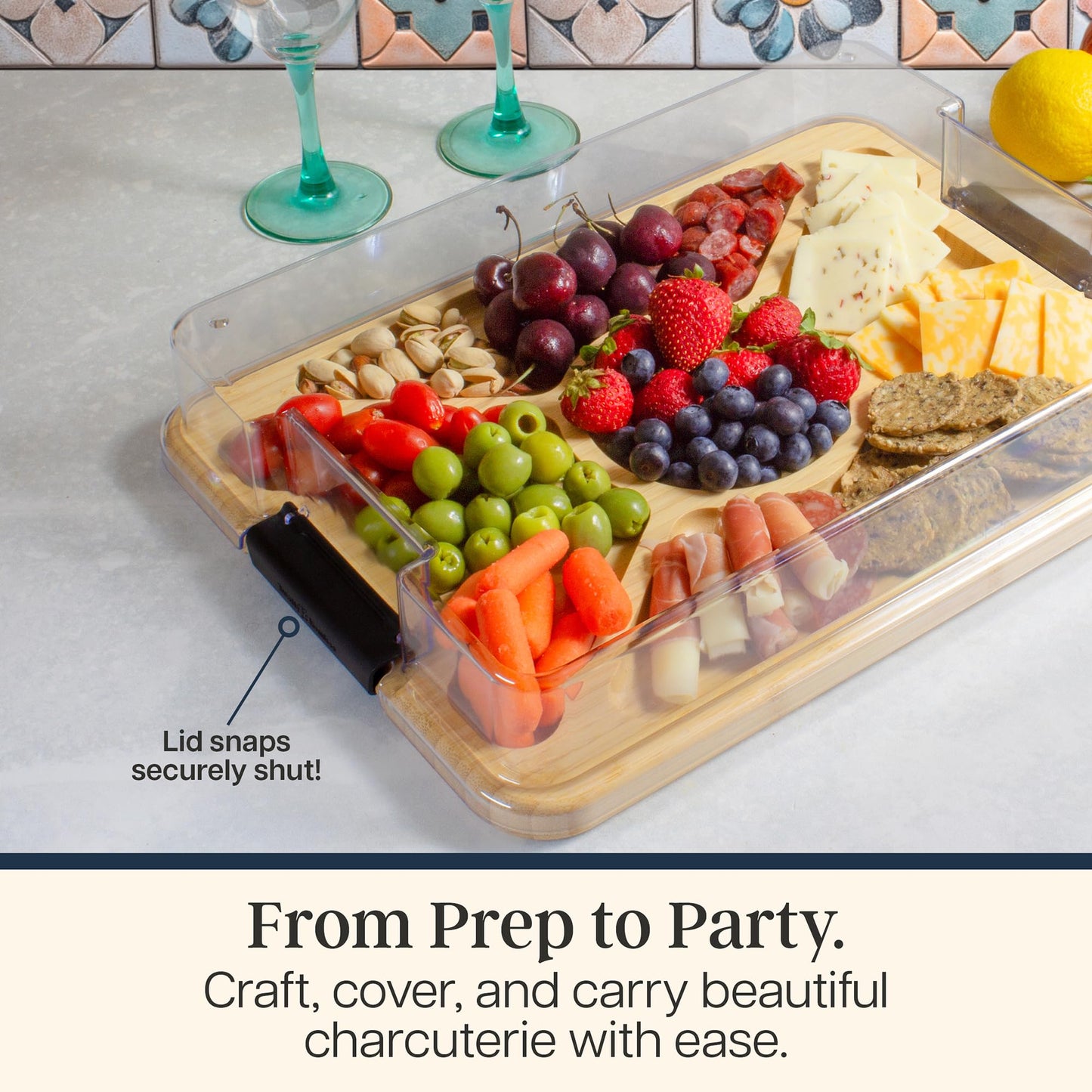 Totally Bamboo Flip, Serve & Store Charcuterie Board with Lid – Reversible Cutting Board & Serving Tray with Compartments, Juice Groove Side, Locking Travel Cover, 15.5 x 11.5 Inches