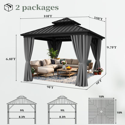 YITAHOME 10X10FT Hard Top Gazebo Patios Outdoor Double Roof Canopy Aluminum Frame Garden Gazebo with Curtains Netting for Backyards Decks Lawns, Gray