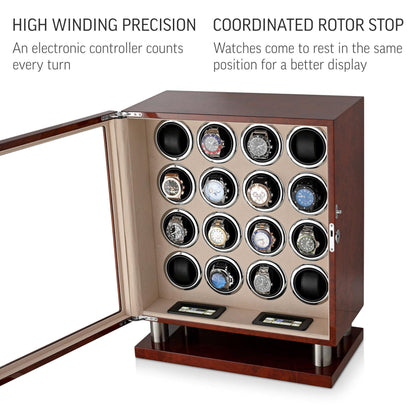 Watch Winder for 16 Automatic Watches with LED Backlight and LCD Touchscreen Control (Dark Burl + Beige)