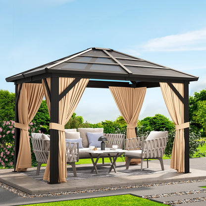 GAOMON 10x12ft Gazebo, Hardtop Outdoor Canopy Aluminum Frame Permanent Gazebo with Netting and Curtains, Polycarbonate Garden Tent for Patio, Lawn, Backyard, Deck (10'x12')