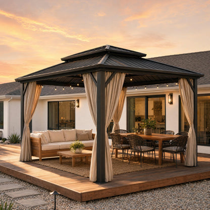 HOTEEL 10x12 Hardtop Gazebo Hot Tub Gazebo with Flame-Retardant Curtain Netting, Heavy Duty Pavilion with Galvanized Steel Double Roof, Aluminum Frame Outdoor Canopy for Patio, Party