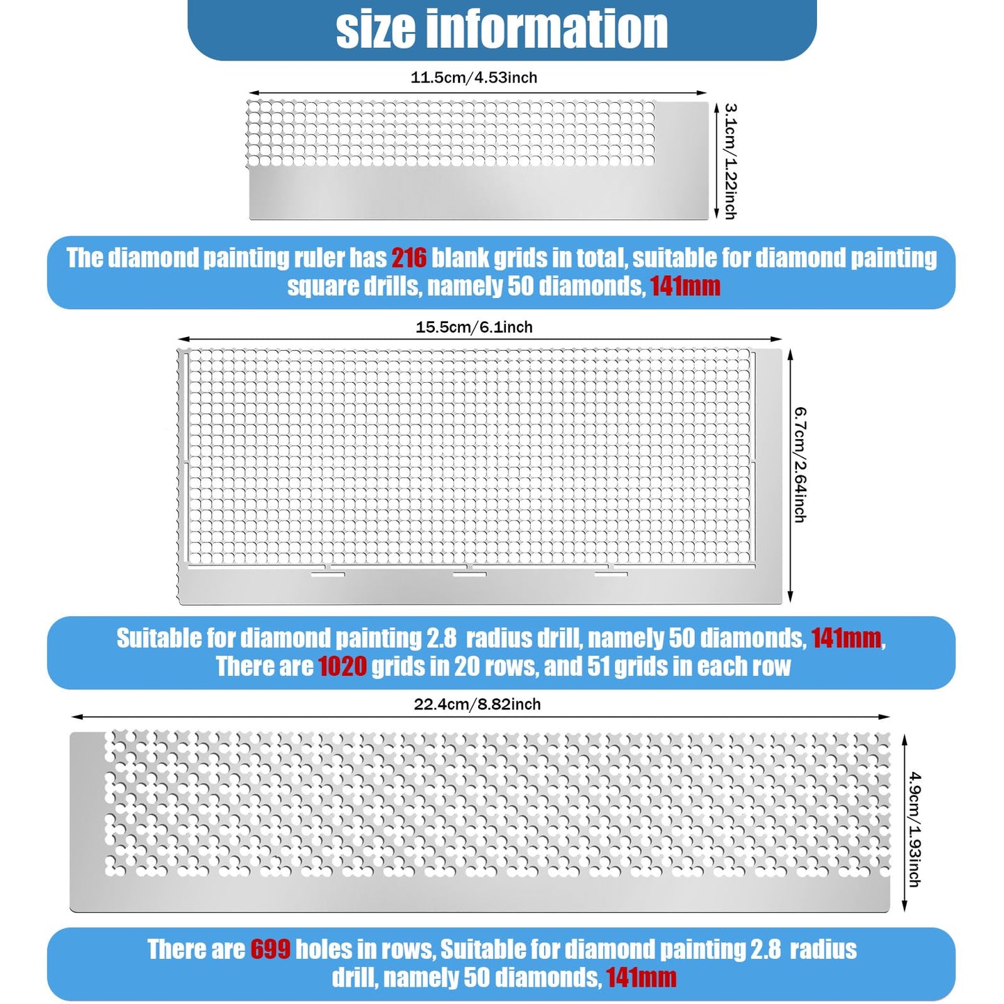Gersoniel 3 Pcs Stainless Steel Diamond Painting Ruler Steel 5d Drawings Mesh Rulers Tool 216/699/1020 Blank Grids for Diamond Pasted Drawing Round Full Partial Drill Tools Keeps Drills Aligned