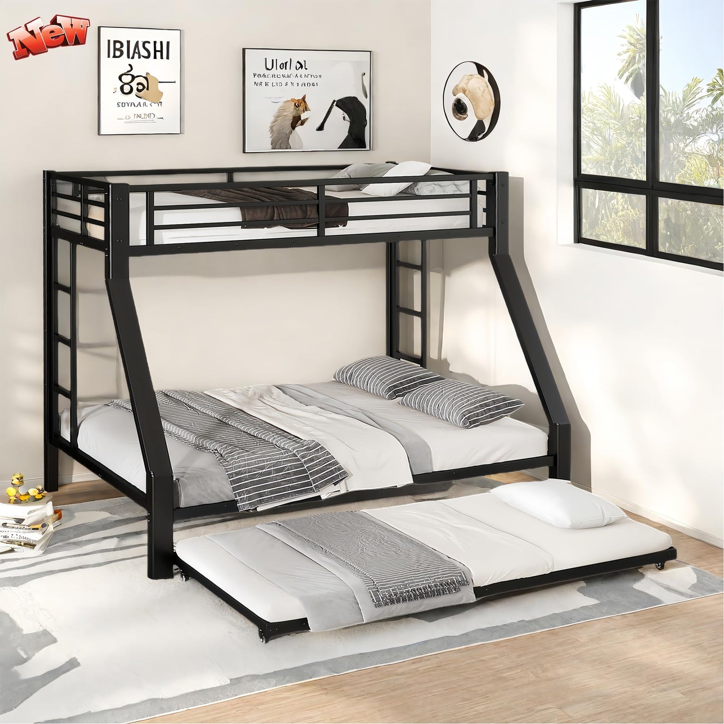 Heavy-Duty Metal Twin XL Over Queen Bunk Bed with Trundle for Teens Adults,Higher Quality Steel Queen Size BunkBed with 2 Vertical Ladders ,Noise Free for Small Bedroom, Weight Capacity 700LBS (Black)
