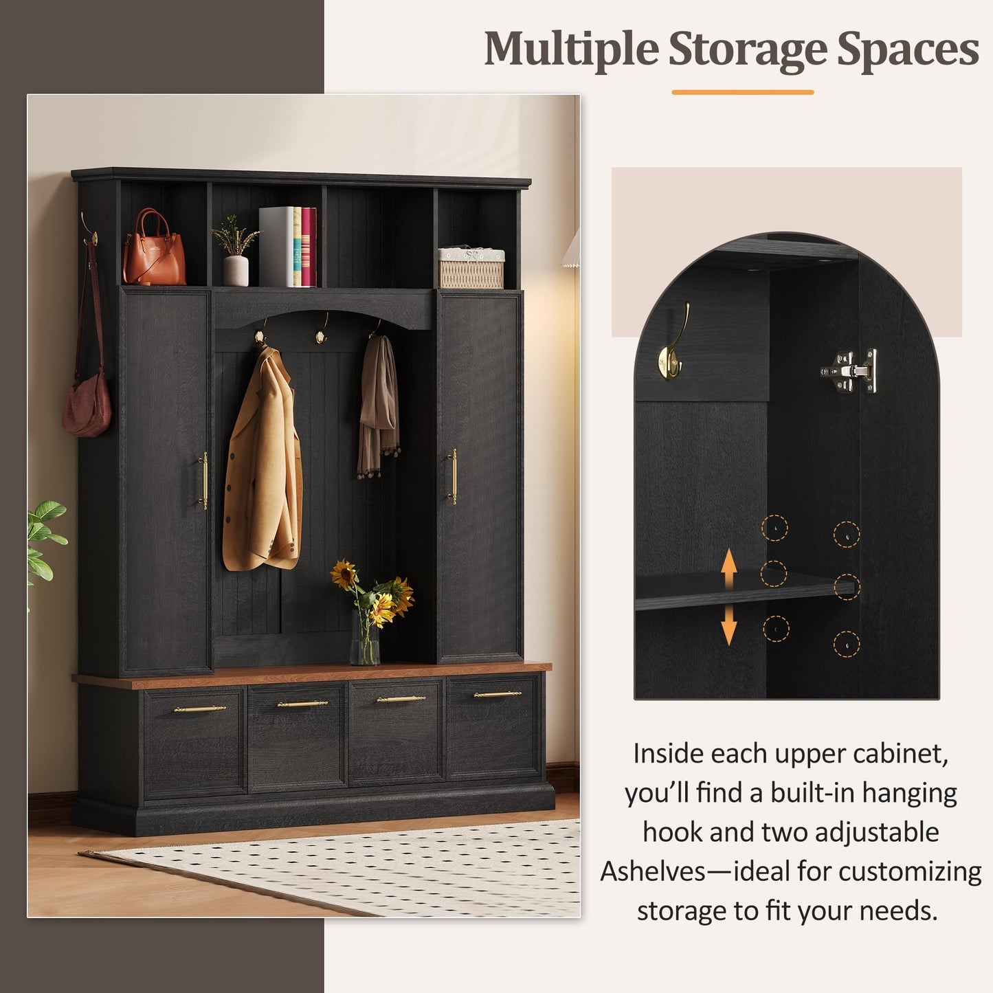 Merax 59" Farmhouse Hall Tree with Golden Hooks & Walnut Bench, Entryway Organizer with Adjustable Shelves, Shoe Storage, Anti-Tip for Mudroom, Living Room, Black