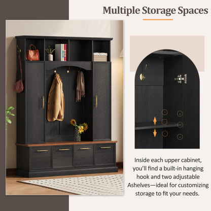 Merax 59" Farmhouse Hall Tree with Golden Hooks & Walnut Bench, Entryway Organizer with Adjustable Shelves, Shoe Storage, Anti-Tip for Mudroom, Living Room, Black