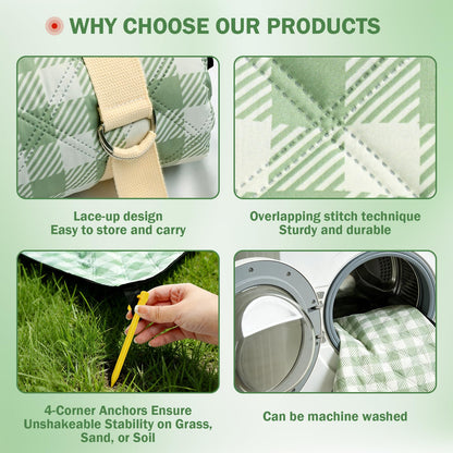 Extral Large Outdoor Waterproof Picnic Blanket With Shoulder Strap, 80"X80" 3-Layer Windproof Foldable Picnic Mat with Corner Nails, Machine Washable, Camping, Lawn Park Grass, Travel, Beach, Green