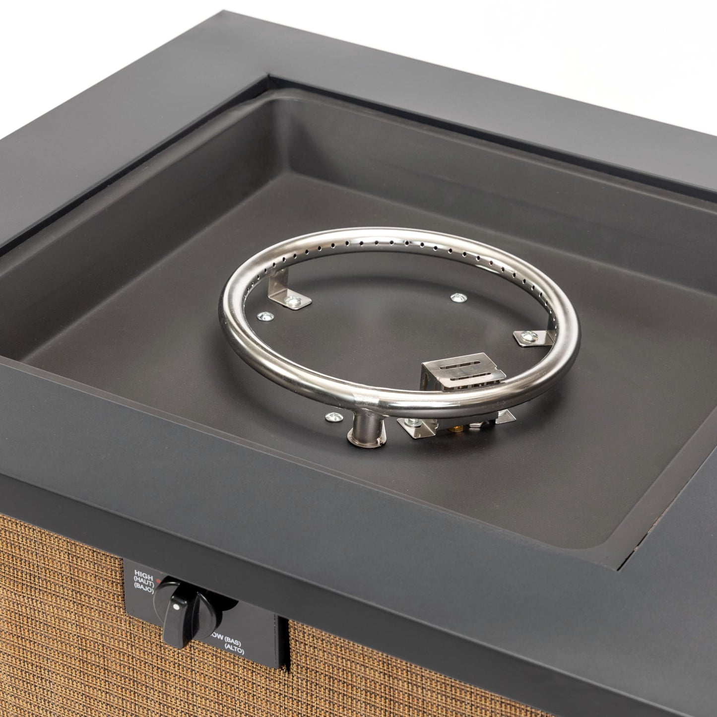 28" Propane Gas Fire Pit Table, 50000 BTU Square Outdoor Fire Pit with Steel Tabletop & Textilene Base, Patio Fire Table with Lid, Lava Rocks & Rain Cover for Backyard Deck Garden, Brown