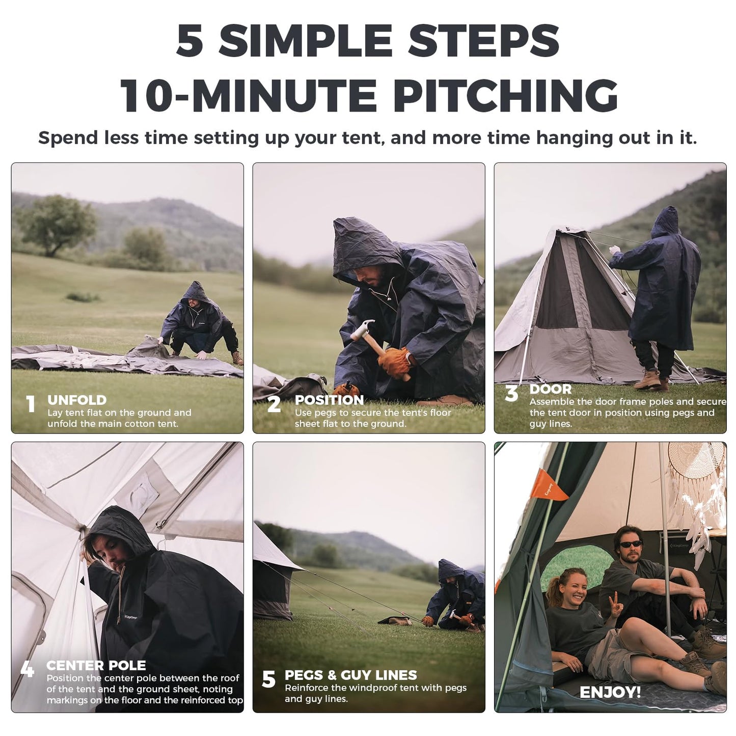 KingCamp Canvas Tent for Camping, 4 Seasons Large Waterproof & Windproof Luxury Glamping Tent with Stove Jack for Family Outdoor Camping, Hunting & Parties