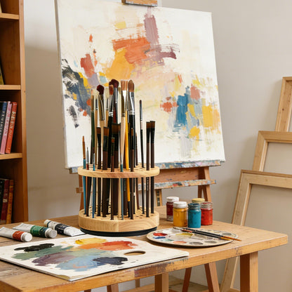 360 Rotating Paint Brush Holder | 52 Holes Hardwood Organizer for Artists Brushes | Desktop Storage Stand for Art Supplies | Craft Tools, Makeup Brush and Calligraphy Pens Rack | Natural Wood Display