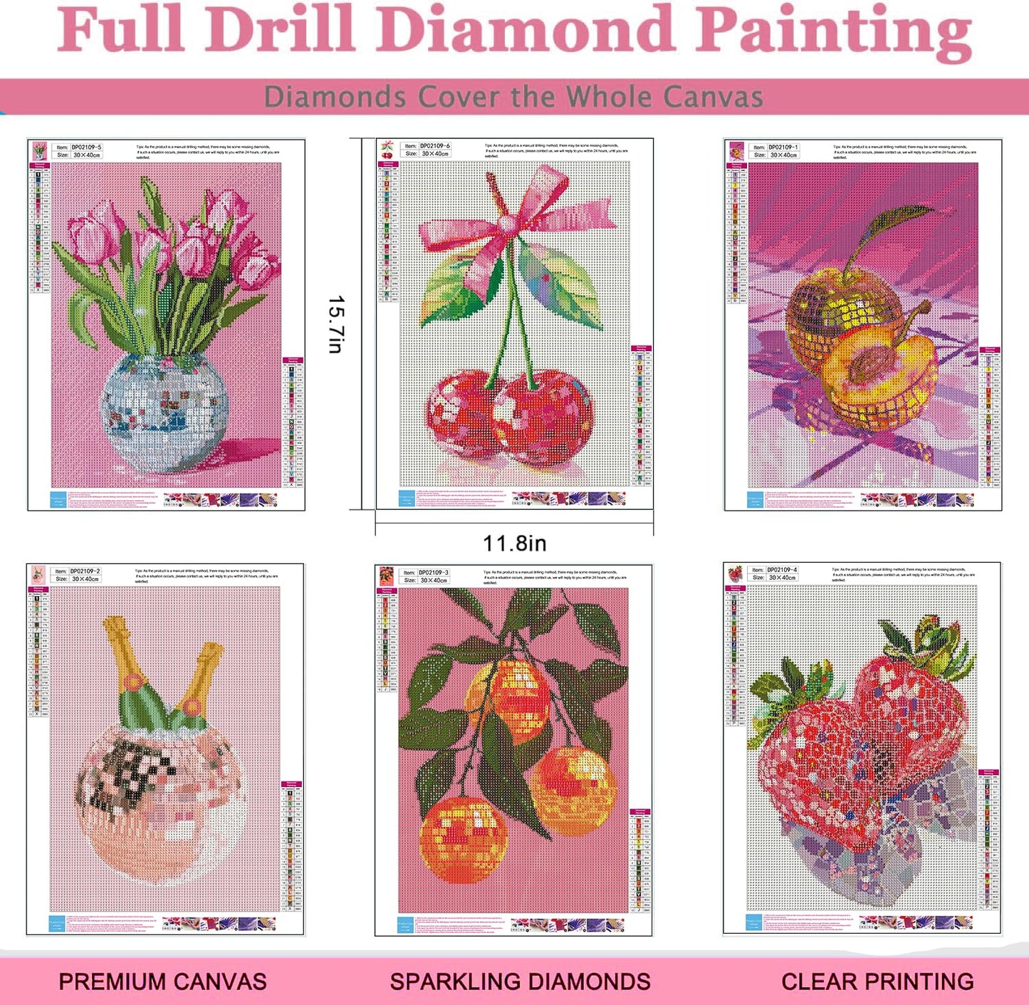 AIBOERL 6 Pack Diamond Art Kits for Adults,Disco Ball Strawberries Diamond Painting Kits for Beginner Round 5D Full Drill Diamond Dots Crafts for Home Wall Decor Gifts 12x16Inch