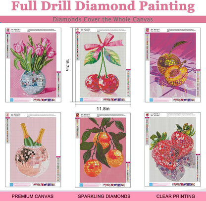 AIBOERL 6 Pack Diamond Art Kits for Adults,Disco Ball Strawberries Diamond Painting Kits for Beginner Round 5D Full Drill Diamond Dots Crafts for Home Wall Decor Gifts 12x16Inch