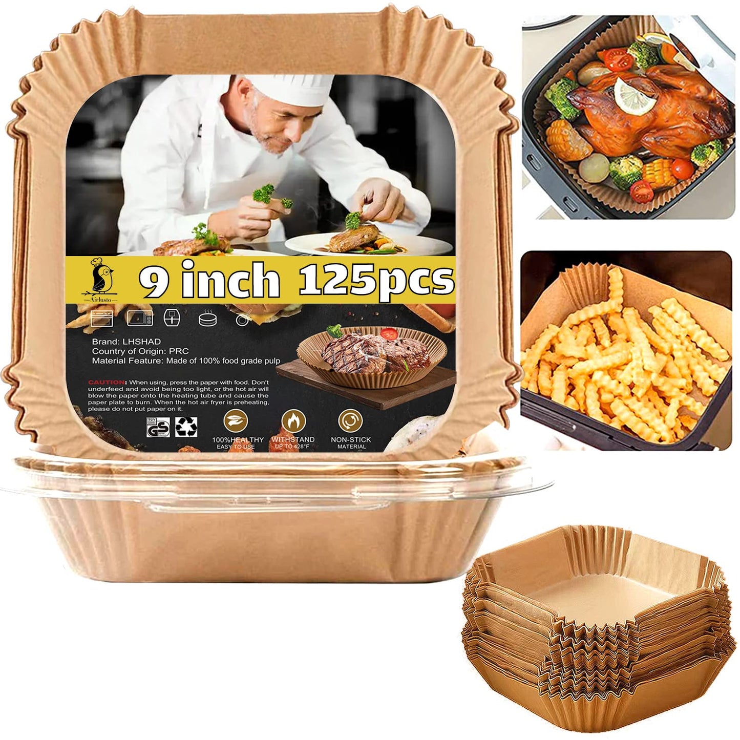 Air Fryer Liners Disposable 9 Inch, 9 inch Air Fryer Liners 125 Pcs Large Square Air Fryer Paper Liners for 5QT 6qt 8QT Air Fryer, Non-stick Parchment Paper for Frying, Baking