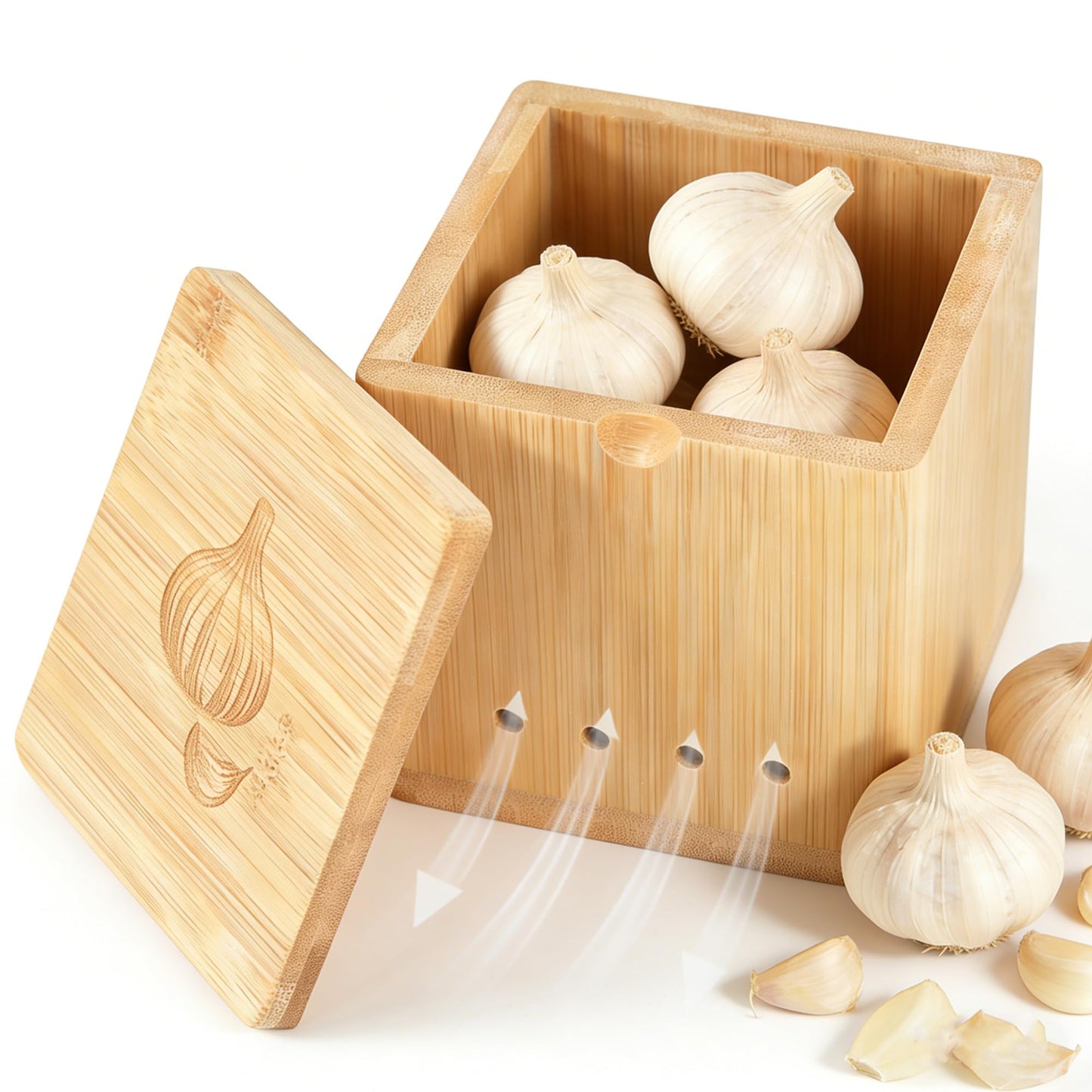 OYPGUE Bamboo Garlic Keeper for Counter, Large Garlic Holder Storage with Lid 4.72 x 4.72 x 4.72inch Rustic Garlic Jar Container to Keep Your Garlic Cloves Fresh Longer (Bamboo)