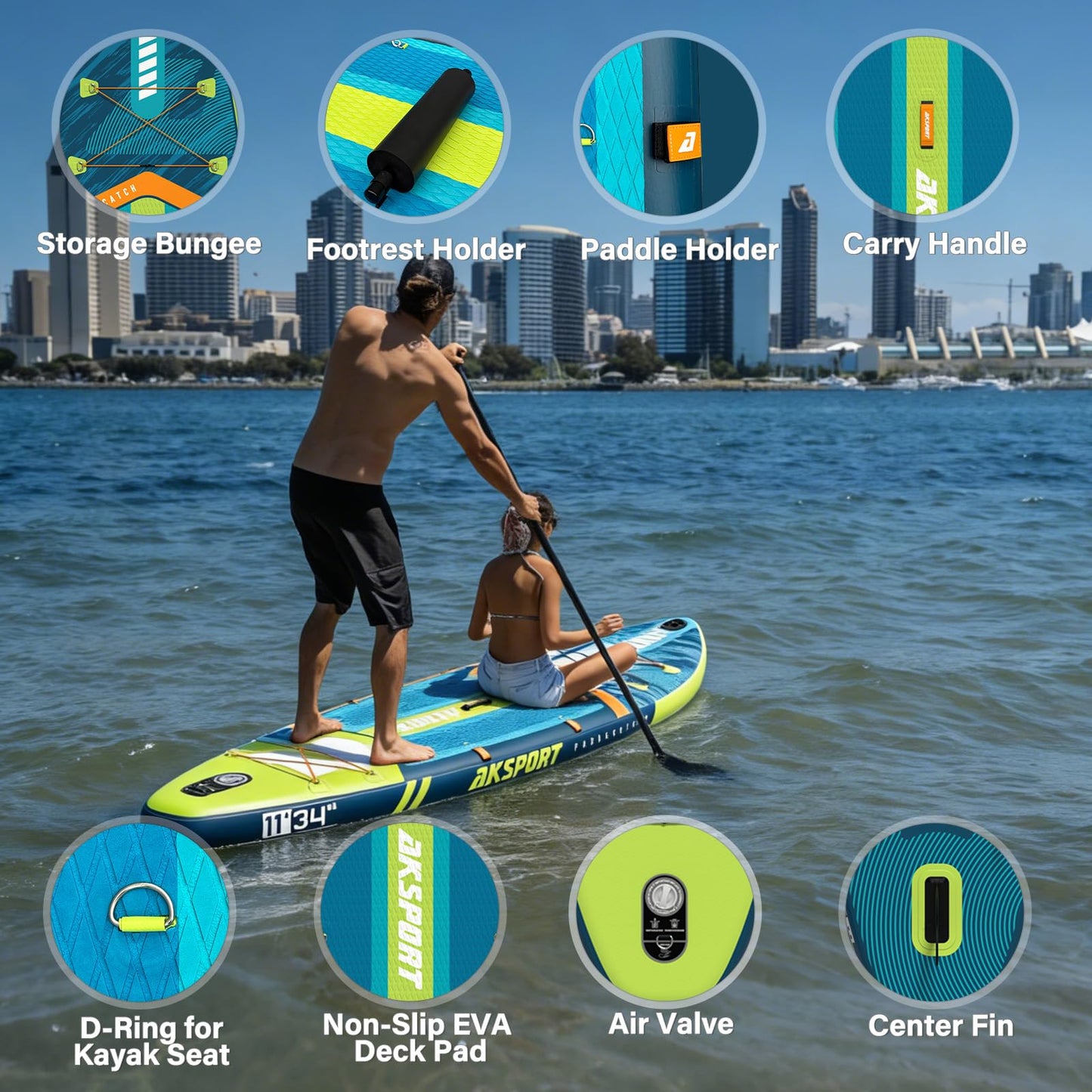 AKSPORT 11' Inflatable Stand-Up Paddle Board with Upgraded SUP Accessories Kit | Extra Wide 34" Design | Non-Slip Deck | Premium SUP Board for Adults & Youth of All Levels