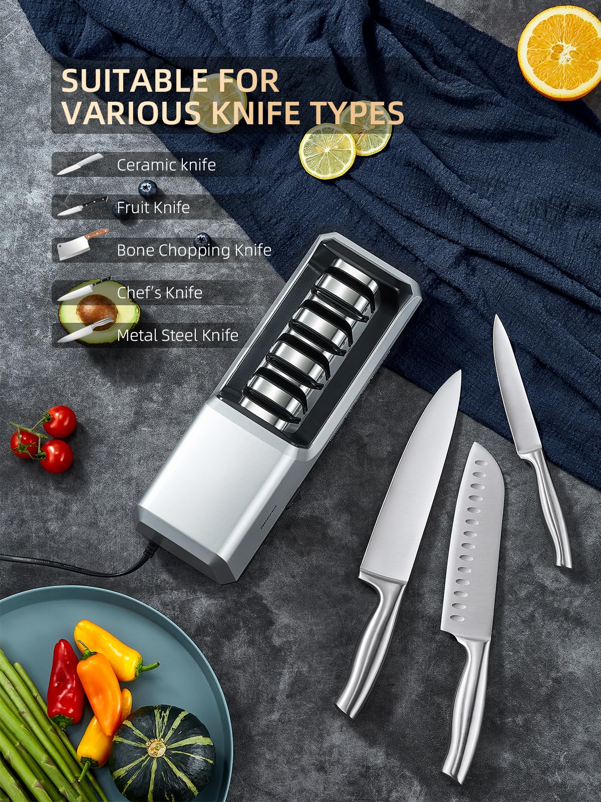 Reemix Electric Knife Sharpener with 4-Stage Sharpening (Repair, Coarse, Medium, Fine & Polish), 20° Fixed Angle, Non-Slip Base & Metal Shavings Collector for Kitchen Knives (Sliver)