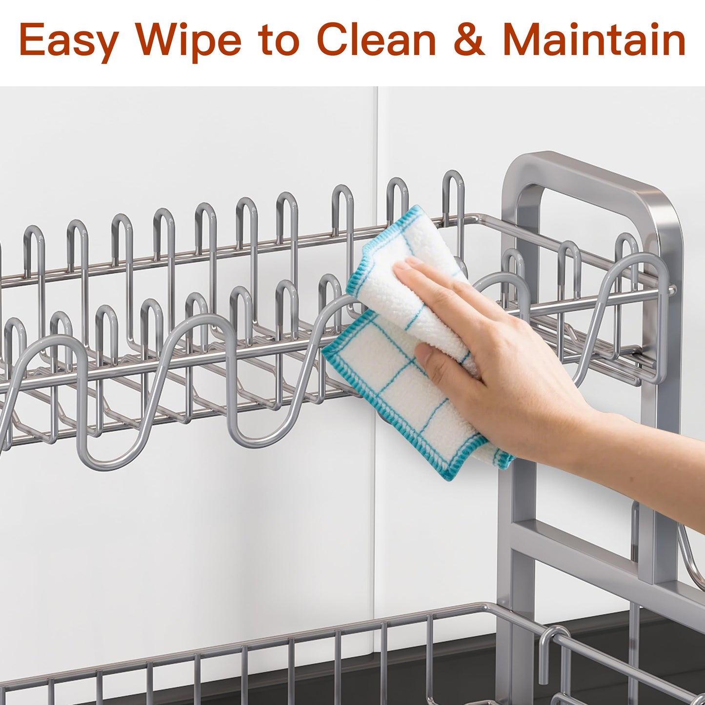 2 Tier Dish Drainer Drying Rack for Kitchen Counter, Large Stainless Steel Dishes Dryer with Drainboard, Space Saving, Big Rustproof Metal Modern Countertop Plates Strainer with Utensil Holder, Sliver