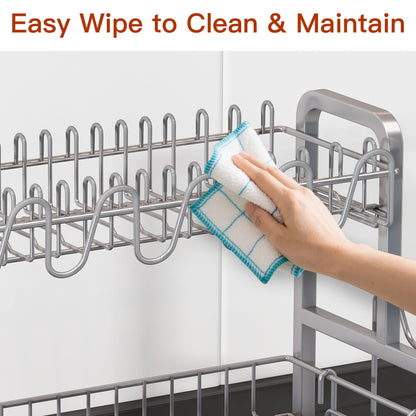 2 Tier Dish Drainer Drying Rack for Kitchen Counter, Large Stainless Steel Dishes Dryer with Drainboard, Space Saving, Big Rustproof Metal Modern Countertop Plates Strainer with Utensil Holder, Sliver