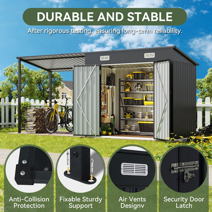 Aoxun 6x4FT Outdoor Storage Shed & Hardtop Gazebo Combo, 12x4FT Metal Lean to Shed with Open-Sided Pergola, 2-in-1 Durable Garden Tool Shed for Patio, Backyard, Deck