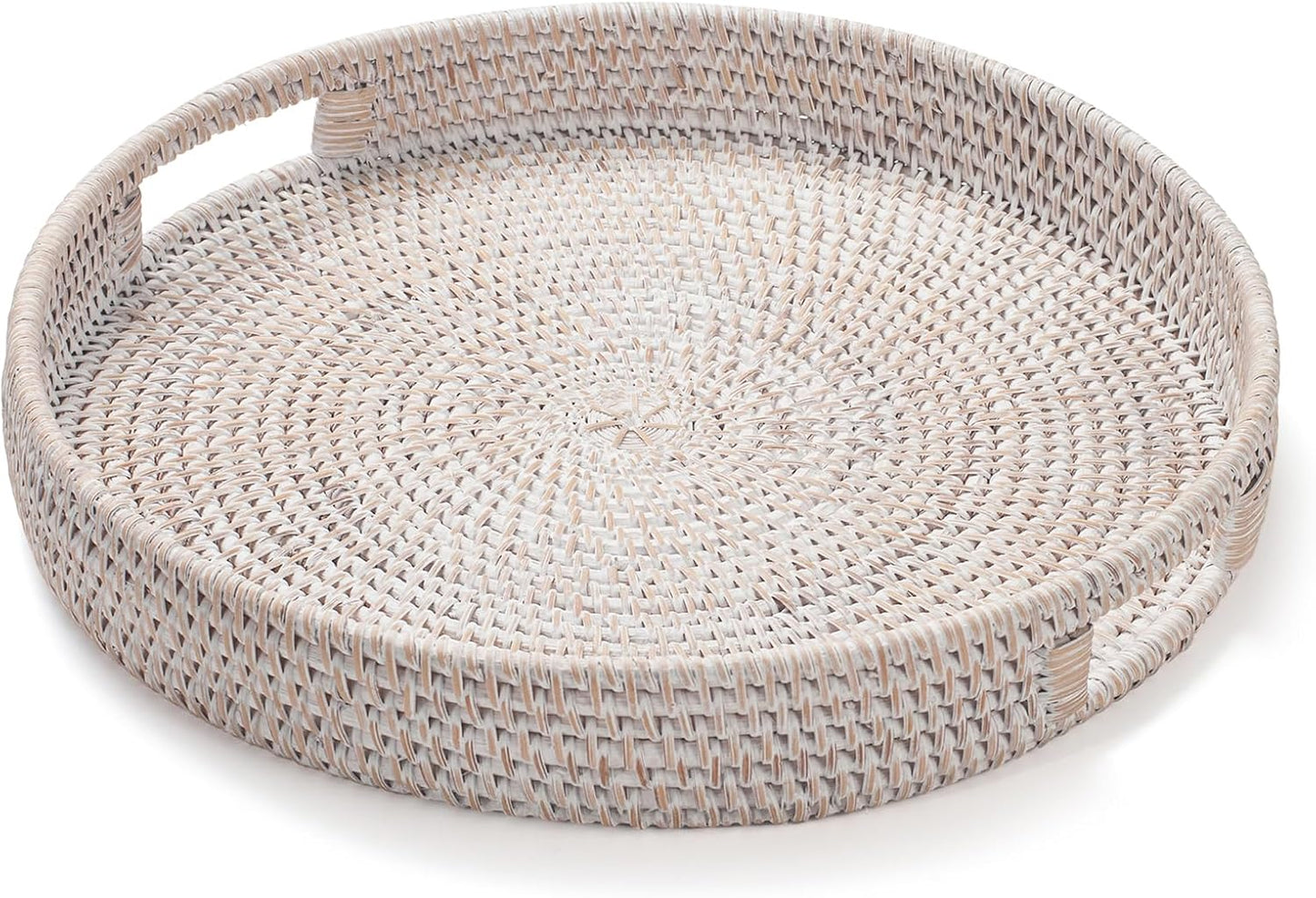 13.8 inch Round Rattan Tray, Decorative Coffee Table Tray, Ottoman Tray, Woven Serving Tray with Handles, Wicker