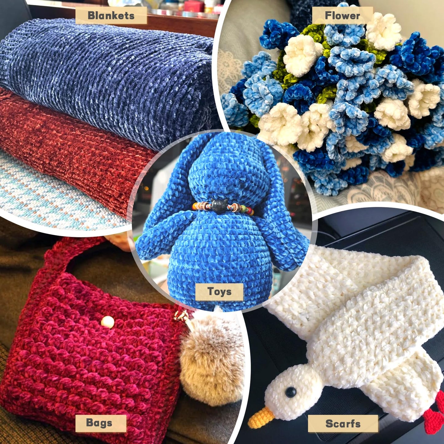 Reessy Velvet Chenille Yarn Pack – 6 Skeins × 100g Super Bulky (CYC #6) – Soft Velvet Chunky for Crocheting & Knitting, Fluffy Chenille Yarn for Blankets, Scarves & Crafts (White)