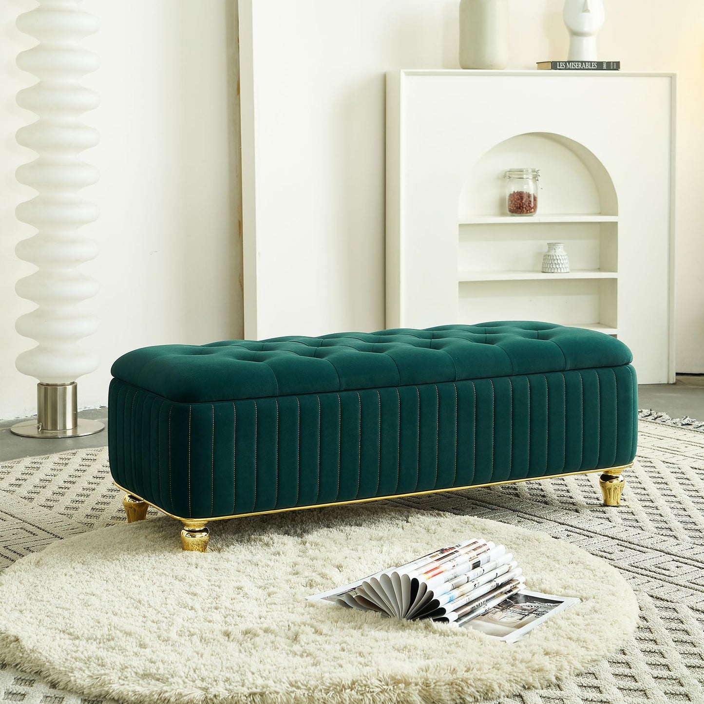 KEIKI 47" Rectangle Velvet Tufted Ottoman Bench with Solid Metal Leg, Modern Style Storage Footstool with Deep Button Tufting and Gold Embroidery, Easy Assembly, for Living Room, Bedroom, Green