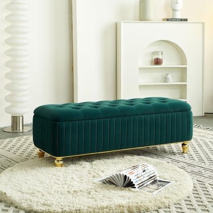 KEIKI 47" Rectangle Velvet Tufted Ottoman Bench with Solid Metal Leg, Modern Style Storage Footstool with Deep Button Tufting and Gold Embroidery, Easy Assembly, for Living Room, Bedroom, Green