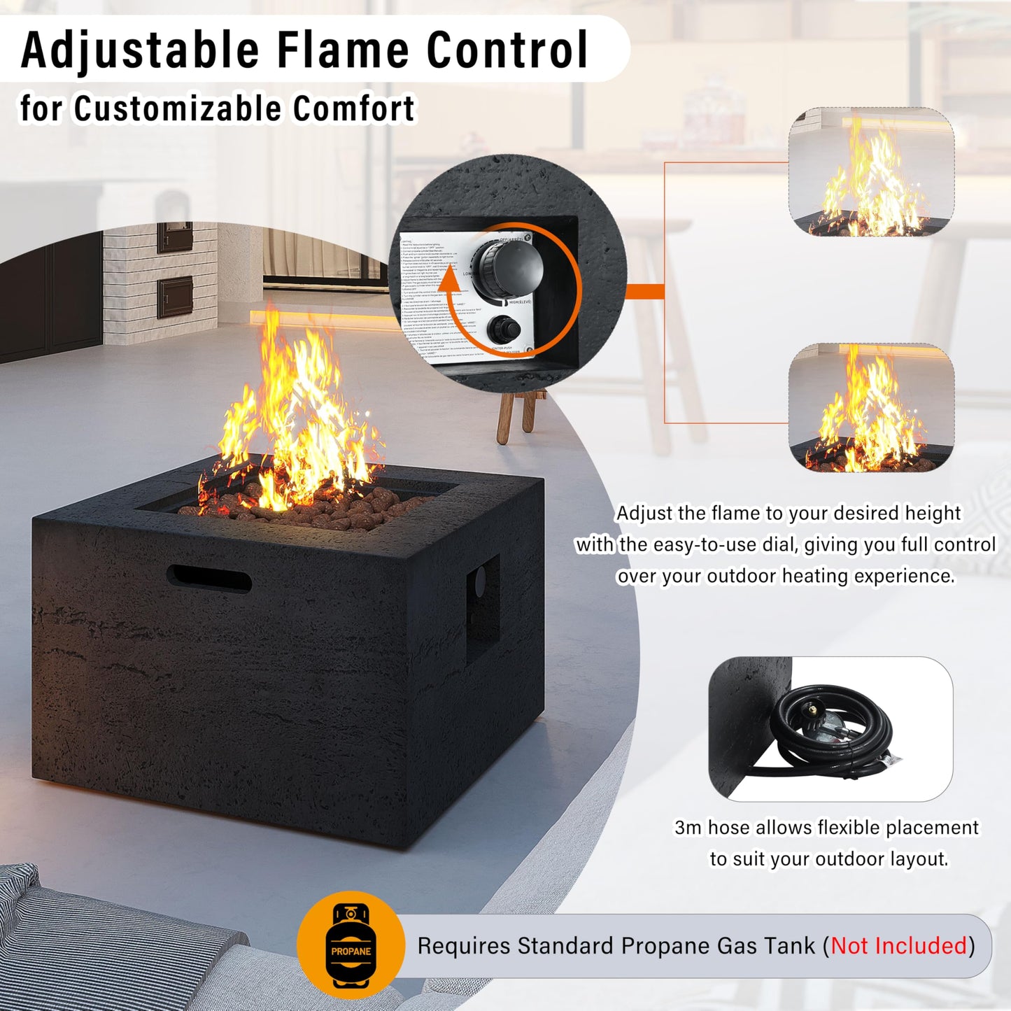 Merax MGO Outdoor Square Fire Pit with Steel Burner,Lightweight 24.02-inch Propane Fire Pit Table with Adjustable Flame, 40,000 BTU, Lava Rocks, and Rain Cover for Patio,Backyard, Poolside, Black