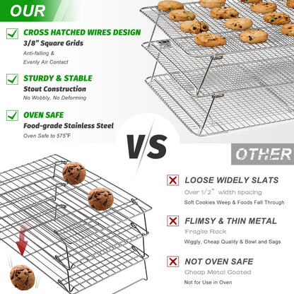 HIWARE Oven-Salf Collapsible Cooling Rack for Baking, 3 Tier 12”x 16.5”, Stainless Steel and Fit Half Sheet, Stackable Wire Cooling Racks for Cookie, Pizza, Cake