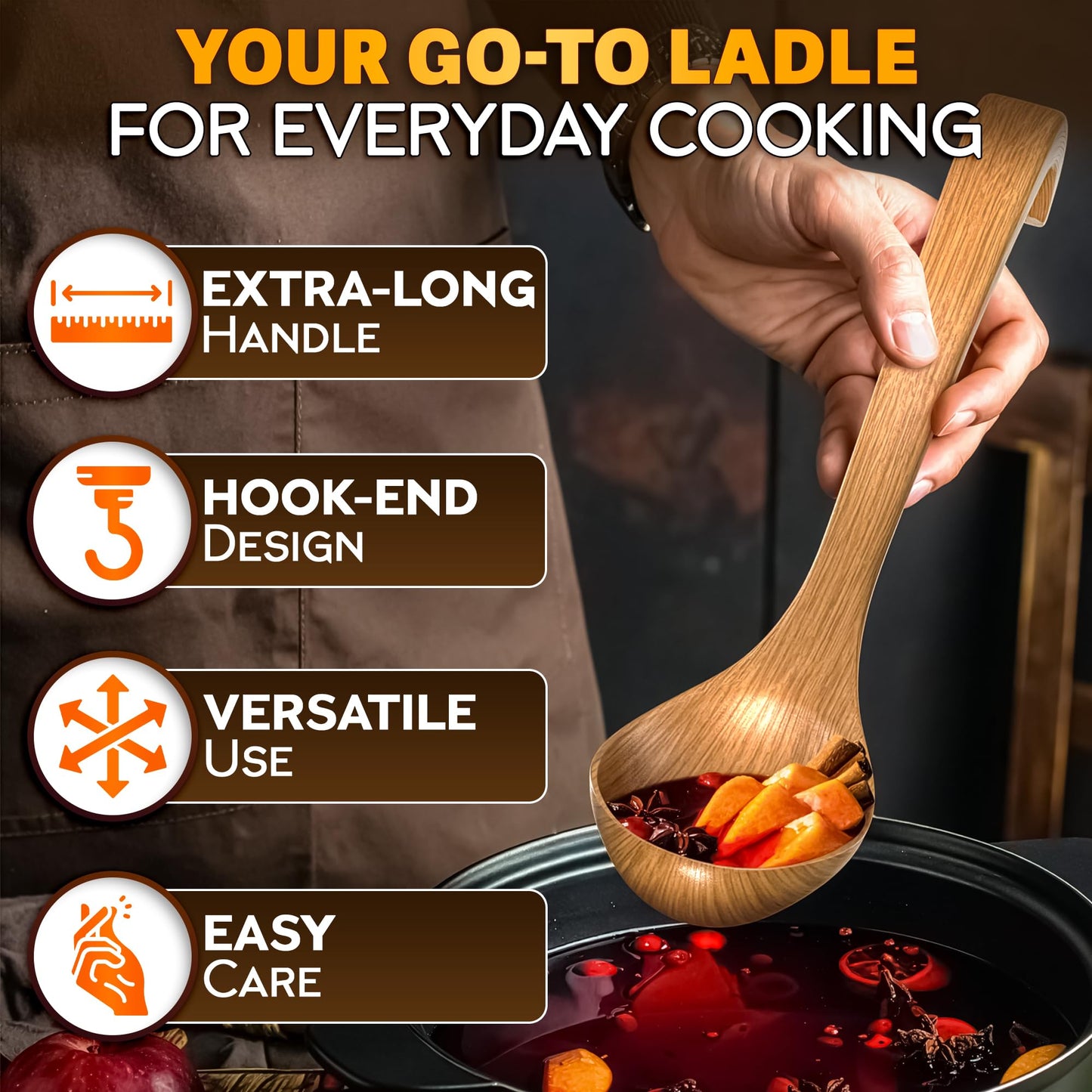 2 Pcs Wooden Ladle for Soup – 10.8×2.8" Bamboo Soup Ladle for Stews and Sauces with Deep 2.7 fl oz Capacity & Lacquer-Coated Finish – Wooden Cooking Spoons with Hook Handles for Kitchen & Catering